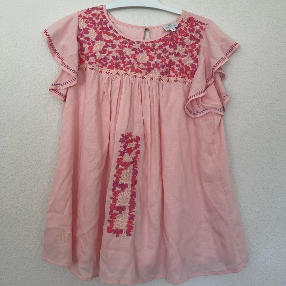 Pink Embroidered Flutter Sleeve Blouse